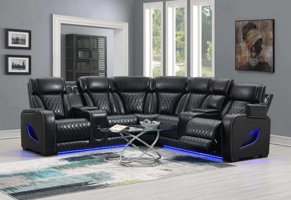 Black 3 Pc Power Led Sectional, Power Headrest, Heat, Massage Wireless Charger, And Usb