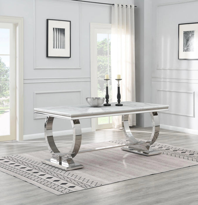 Dining Table (White Marble) & 6 Gray Velvet Chairs