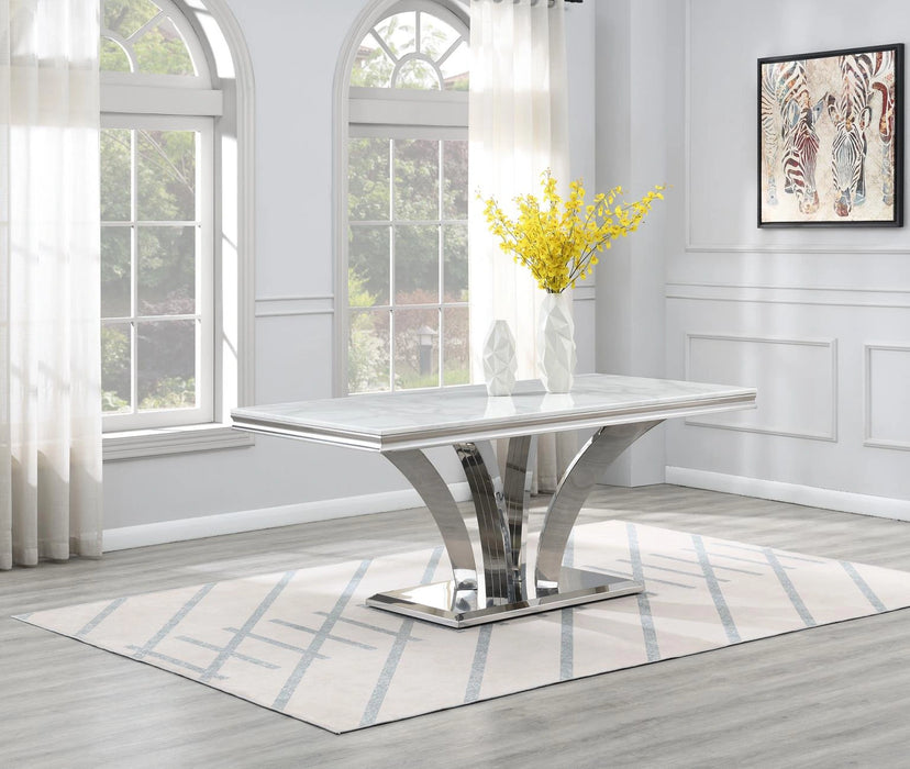 Dining Table (White Marble) & 6 Gray Velvet Chairs