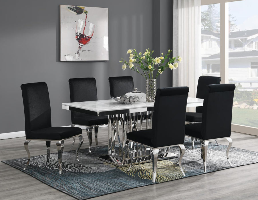 Dining Table (White Marble) & 6 Black Velvet Chairs