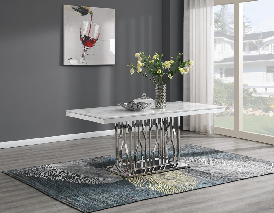 Dining Table (White Marble) & 6 Black Leather Chairs