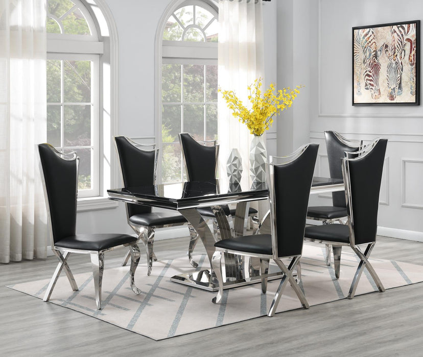 Dining Table (Black Marble) & 6 Black Leather Chairs