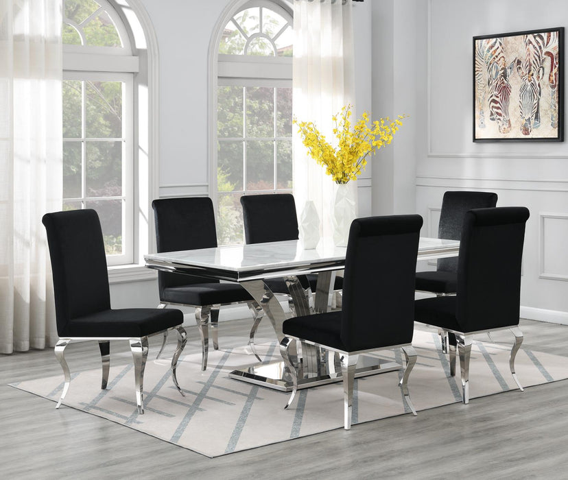 Dining Table (White Marble) & 6 Black Velvet Chairs