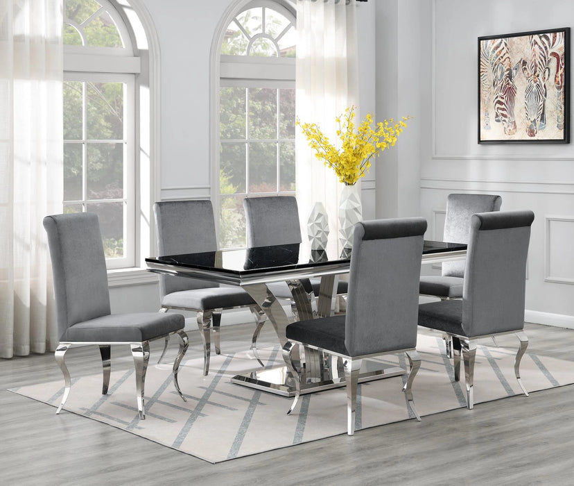 Dining Table (Black Marble) & 6 Gray Velvet Chairs