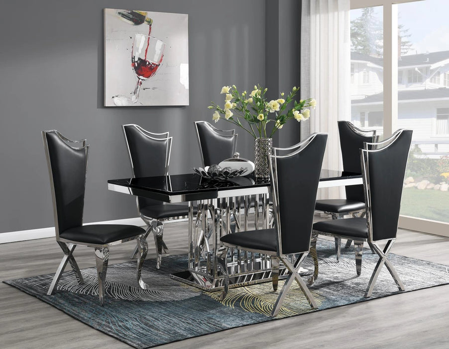 Dining Table (Black Marble) & 6 Black Leather Chairs