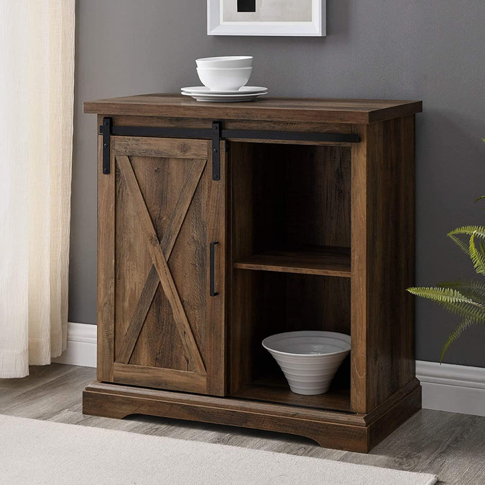 W900 Alba Sliding Barn Door Farmhouse Accent Cabinet Rustic Oak Mdf-Metal 32X16X32H